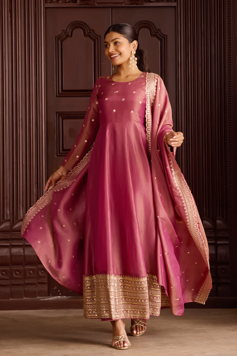 metallic pink anarkali sequin embellished with dupatta