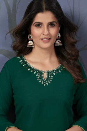 green solid with mirror embroidered cotton blend kurti