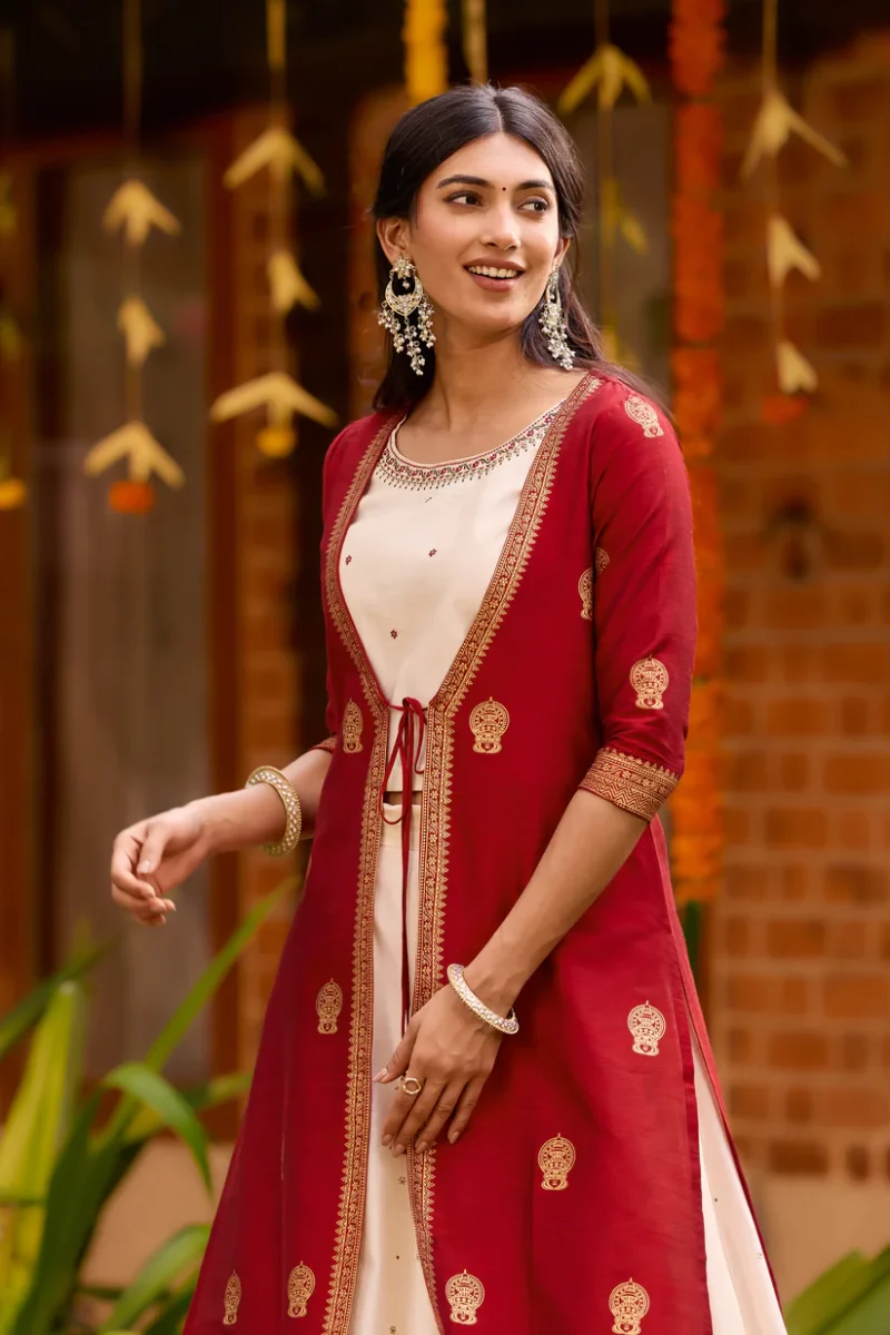 kathakali printed off white & red skirtset with front slit jacket