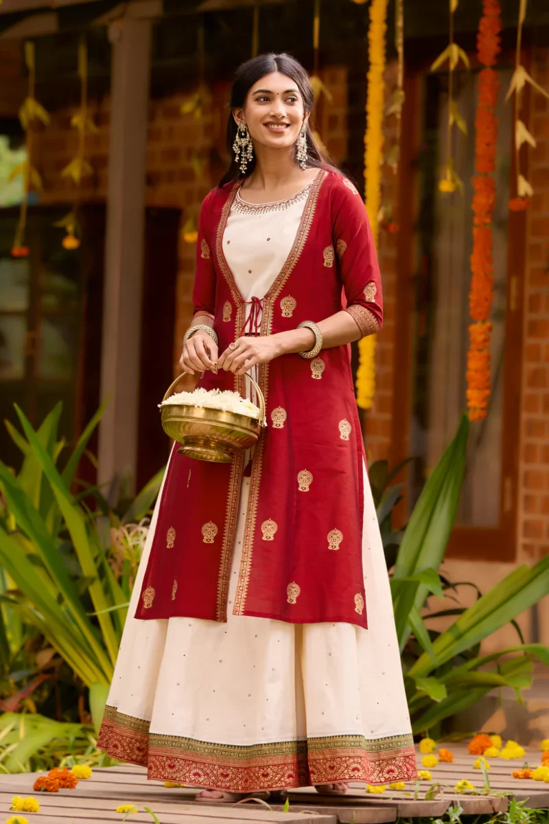 kathakali printed off white & red skirtset with front slit jacket