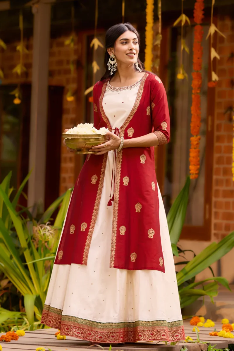 kathakali printed off white & red skirtset with front slit jacket