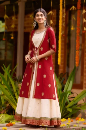 kathakali printed off white & red skirtset with front slit jacket