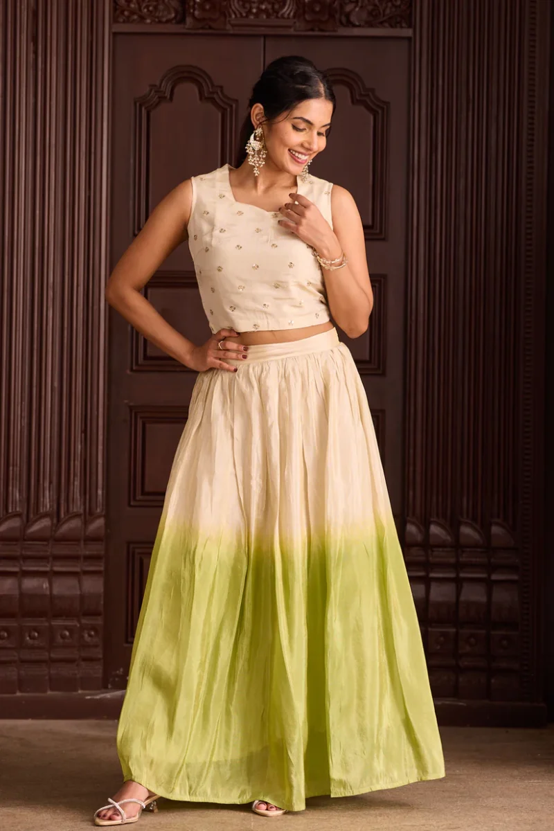 off white sequin crop top with light green ombre circular skirt