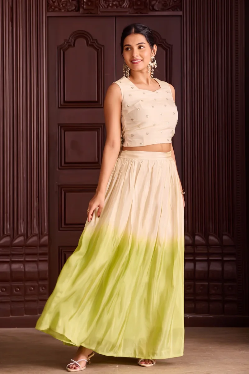 off white sequin crop top with light green ombre circular skirt