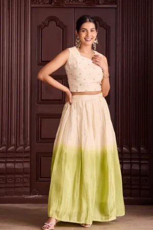 off white sequin crop top with light green ombre circular skirt