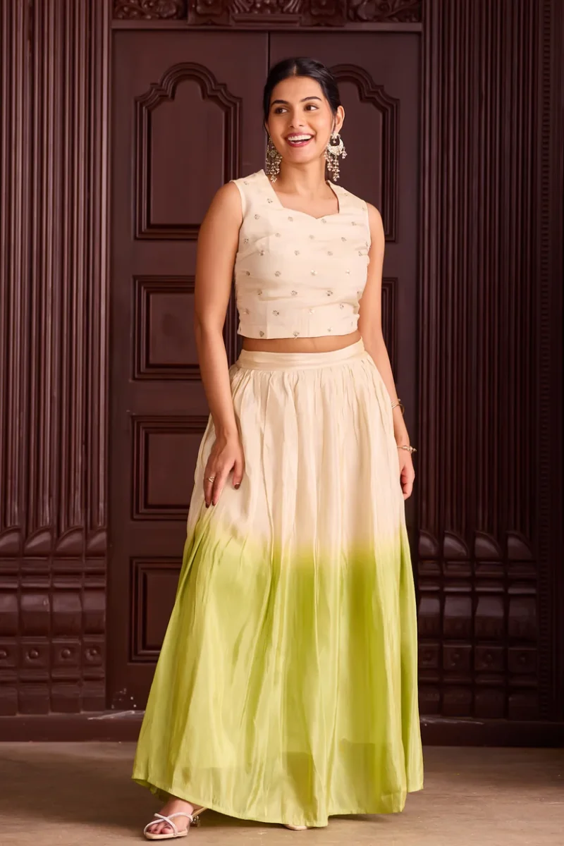 off white sequin crop top with light green ombre circular skirt