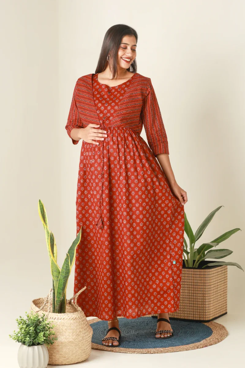 ajrakh printed maternity dress with printed jacket red
